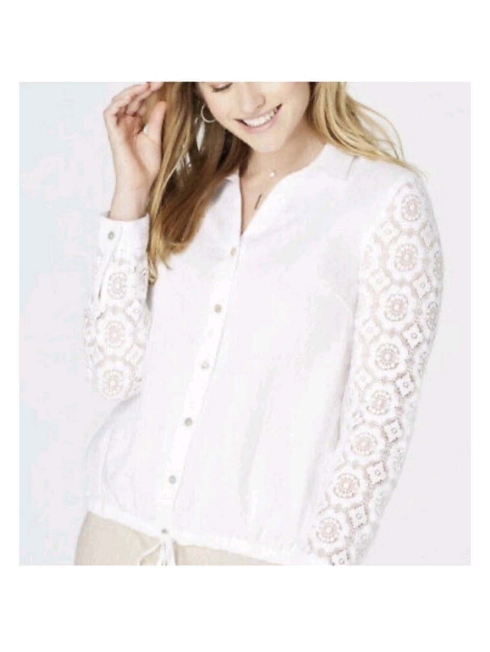J Jill Love Linen Button Down Blouse Size Xs /S Lace Long Sleeve White Floral